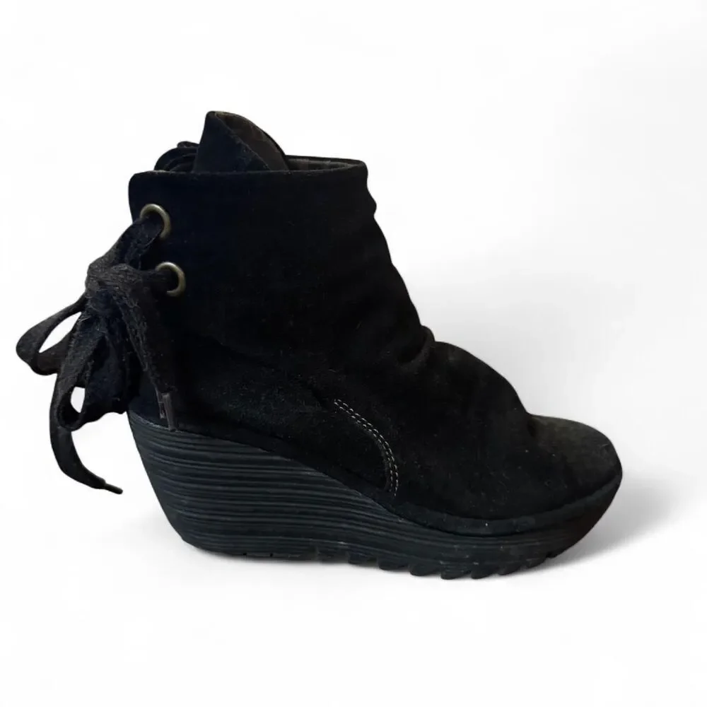 FLY London Yama Black Suede Wedge Ankle Boots Size 37 EU Platform Comfort
